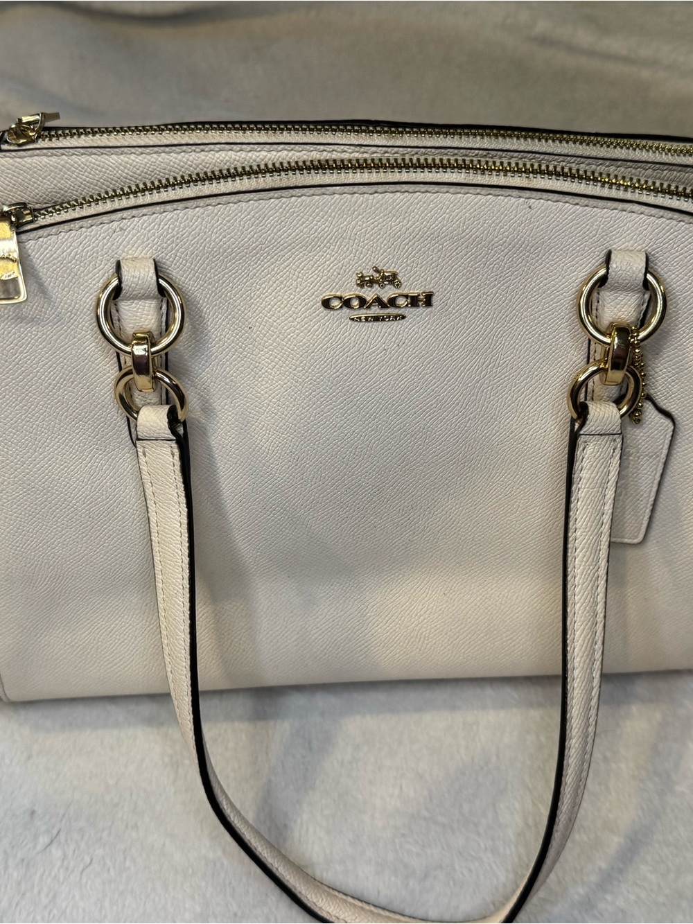 Coach White Leather Double-Zip Satchel with Gold Hardware